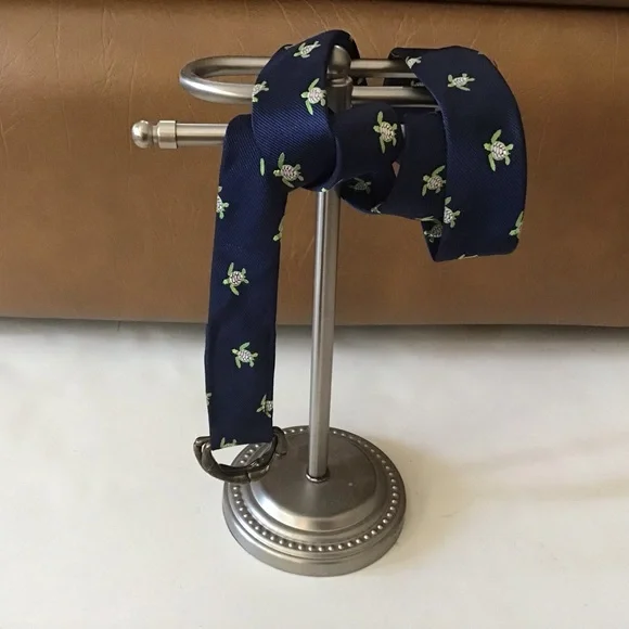 J Crew D-Ring Navy blue Embroidered Turtles Silk Adjustable Tie Ribbon Belt - Picture 2 of 3